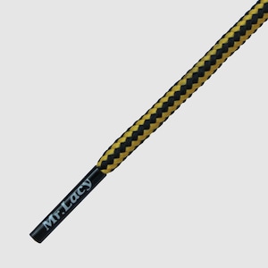 May include: Black and yellow shoelace with the text "Mr. Lacy" printed on the side.
