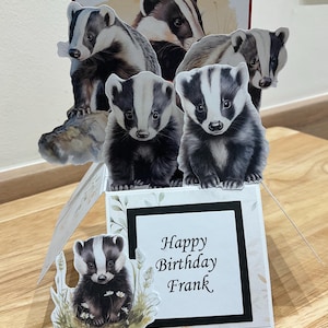May include: A pop-up card featuring a 3D design of several badgers. The card is white with a black border and reads "Happy Birthday Frank" inside.