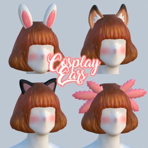 Puede incluir: Cuatro diseños diferentes de orejas de cosplay: orejas de conejo, orejas de zorro, orejas de gato y branquias de ajolote. Cada diseño está unido a una peluca marrón. El texto "Cosplay Ears" está superpuesto en la imagen.