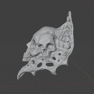 Könnte beinhalten: Eine graue, 3D-gerenderte Skulptur mit mehreren Schädeln und einem komplexen, strukturierten Design. Die Skulptur hat eine flügelartige Form mit komplizierten Details und offenen Räumen, die eine gotische oder Fantasy-Ästhetik erzeugt.