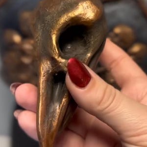 Puede incluir: Una escultura de color bronce de un cráneo de ave con un pico largo y cuencas de los ojos. La escultura tiene un brillo metálico y está sostenida por una mano con esmalte de uñas rojo. La escultura es probablemente parte de una obra de arte más grande.
