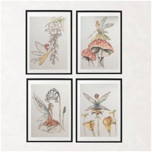 Set of 4 fairy prints/ watercolour fairies/ nursery art/ kids room decor/ whimsical/ enchanted forest/ woodland nursery