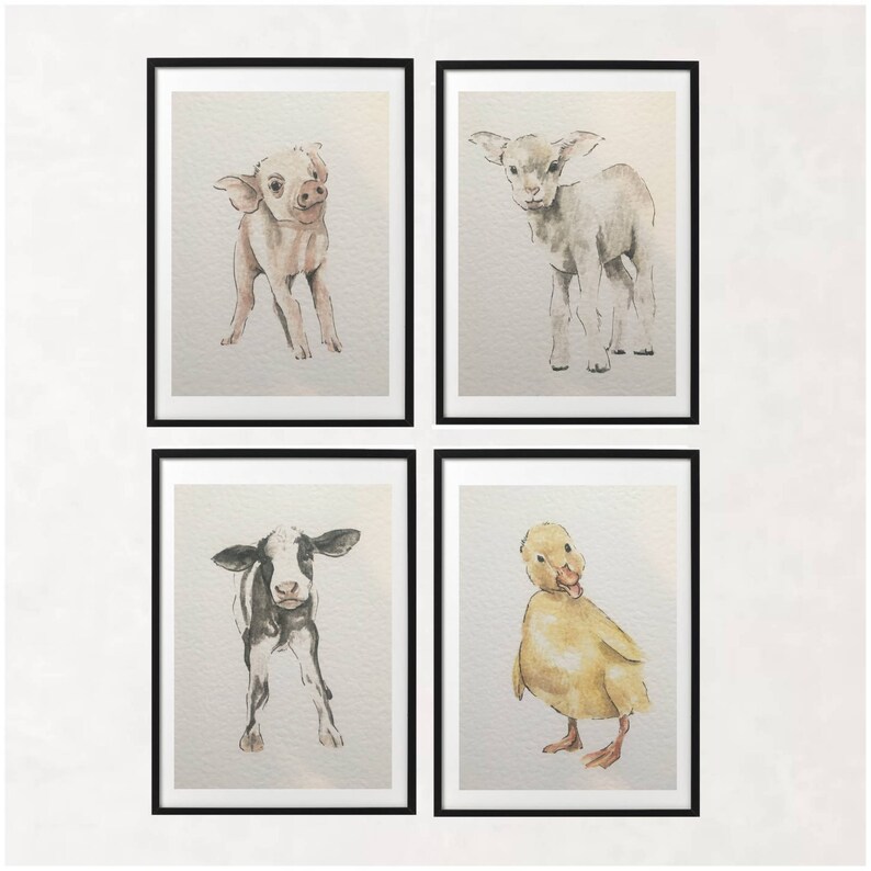 Baby Farm Animals/ Nursery Prints/ Set of 4 Prints/ Cow/ Lamb/ Etsy