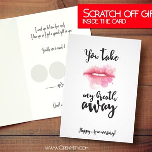 Funny and naughty Anniversary card with scratch-off gift "You take my breath away"
