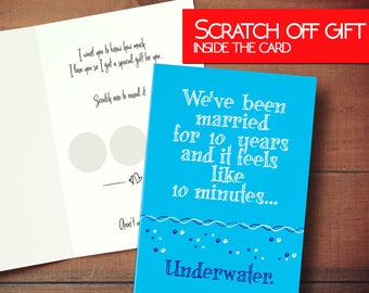 Funny 10th Anniversary card with naughty scratch-off gifts inside the love card