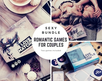 May include: A bundle of romantic games for couples, including "Love Matching" and "Love Battleship". The image features game boxes, cards, and a couple. Text on the image reads "Sexy Bundle Romantic Games for Couples".