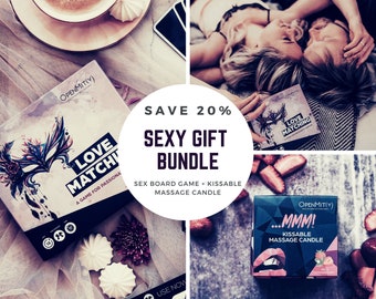 Romantic gift bundle – kissable massage candle + Sex Board Game with sensual photos
