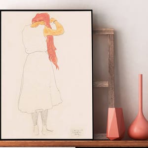 Egon Schiele, Standing Woman Combing Her Long Red Hair, Stehende beim Kämmen 1909, wall art, art print, vintage wall art, giclee prnt