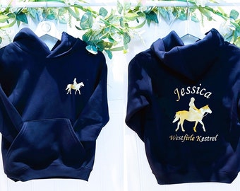 Personalised navy blue and gold horseriding hoodie, personalised horse riding hoodie, gifts for horse lovers
