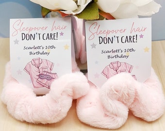 Personalised Sleepover Hair Don’t Care plush scrunchie, girls party bag, girl's sleepover favour, sleepover gift bag, hair accessories