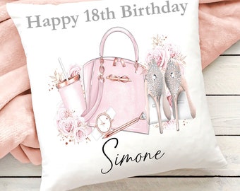 Cojín personalizado para el 18º cumpleaños, bolso y tacones de regalo de cumpleaños, recuerdo del 18º cumpleaños, regalo personalizado para el 18º cumpleaños