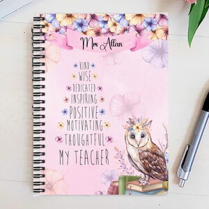 personalised Teacher Notebook: Floral Owl Design, End of Term Gift
