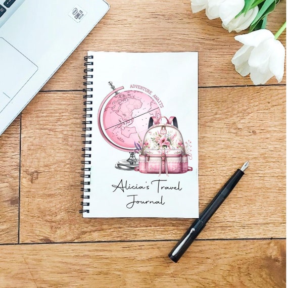 backpack travel journal personalised A5 Travel Journal: Pink Floral Design, Lined Notebook