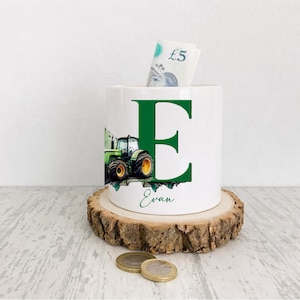 Personalised Tractor moneybox, boys farm decor, farm themed savings bank, tractor penny pot