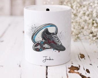 Personalised Rugby Money Box: Ceramic Savings Pot, Gift for rugby player - choice of boot colours