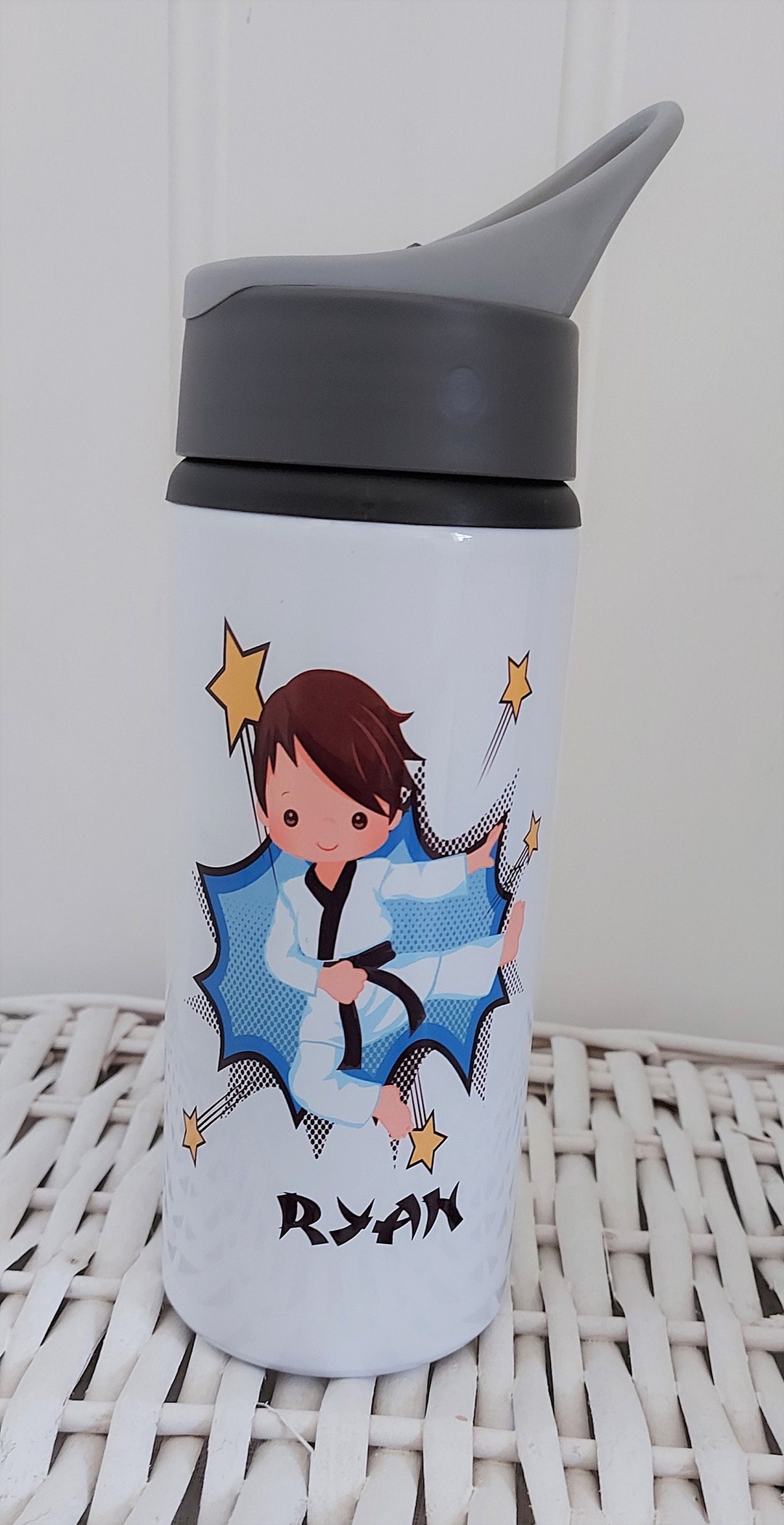 Personalized Karate Sport Water Bottle - 20oz Aluminum, Custom Name, 2 Lids, Great Martial Arts Gift