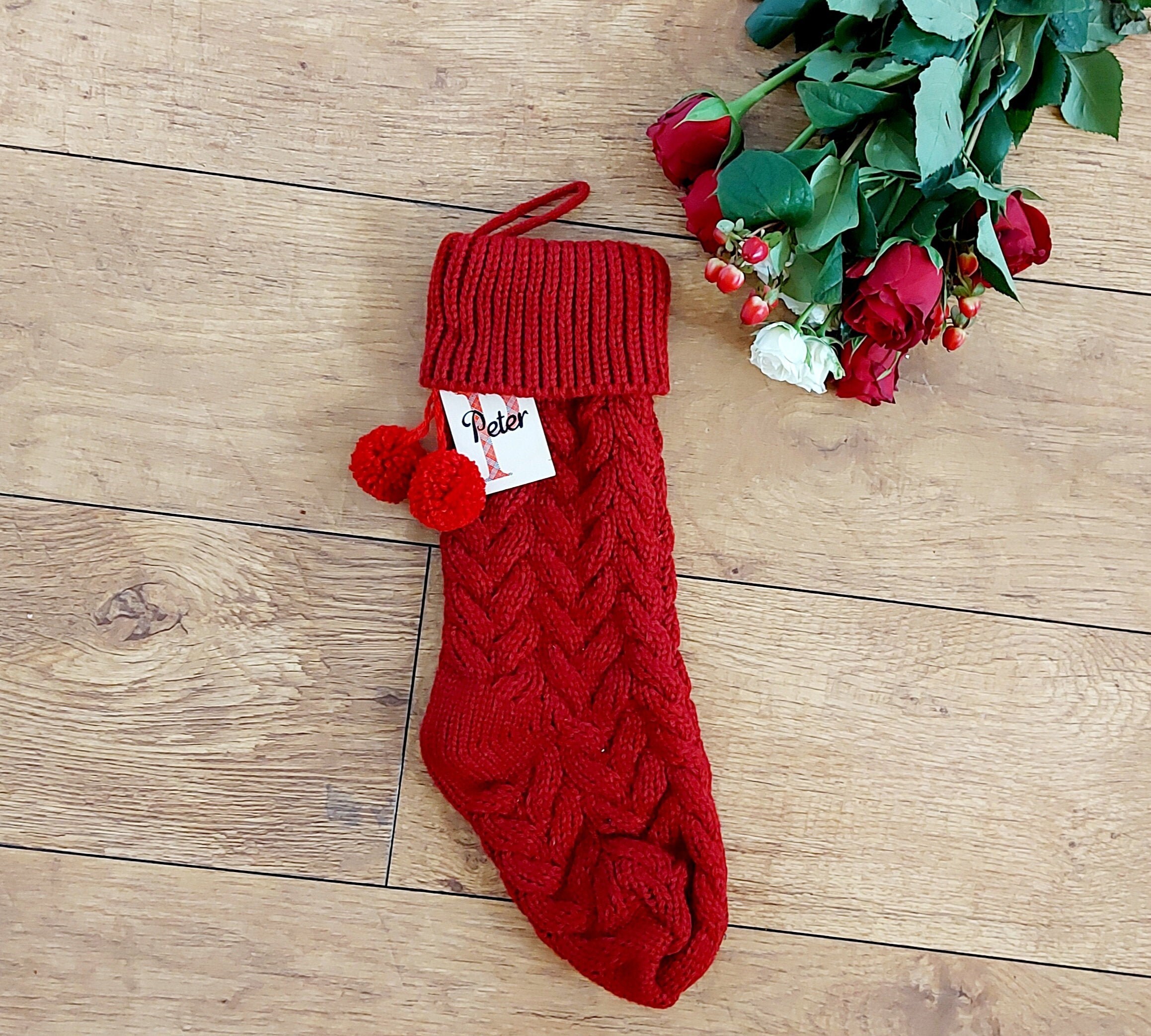 Personalised Christmas Stocking, Red Christmas Stocking, Knitted