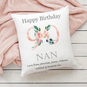 90th Birthday personalised cushion, 90th Birthday gift, Monogram cushion, birthday gift for Nan, rose gold flowers cushion