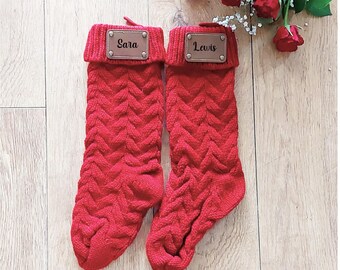 personalised Knitted Christmas Stocking: Red Chunky Knit with Leather Tag