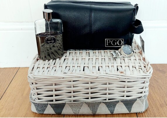 Monogrammed Black Faux Leather Washbag Men's Toiletry Bag UK