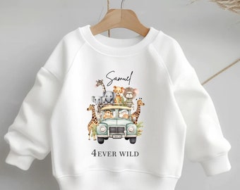 Personalised safari theme birthday sweatshirt, safari sweatshirt, 4ever wild top, wild and three, personalised birthday sweatshirt