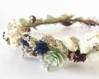 Dried flower crown, bridal crown, navy flower crown, succulent flower crown, flower girl crown, flower halo, wedding flower crown