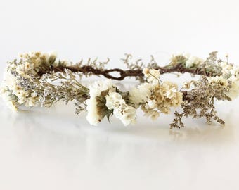 Bridal crown, wedding crown, dried flower crown, white flower crown, boho flower crown, rustic flower crown, neutral flower crown