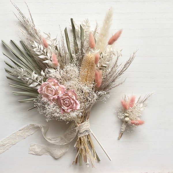 Blush, creme and sage dried bridesmaid bouquet