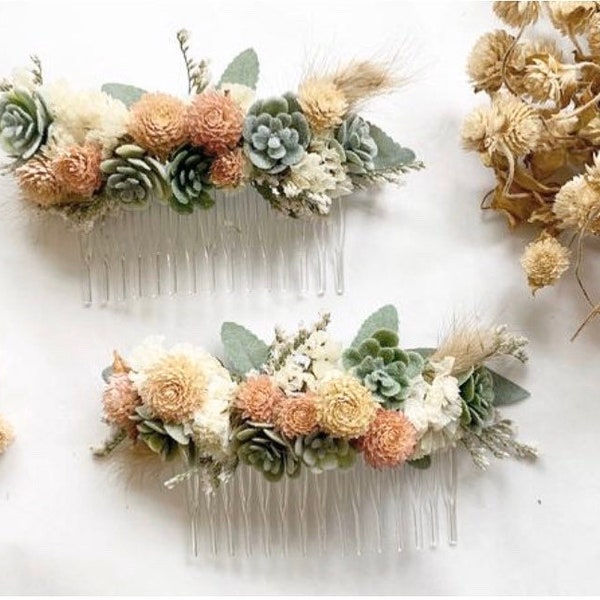 Succulent and dried flower hair comb, bridal flower comb, wedding hair comb