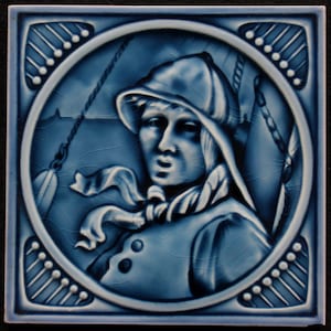 Wessel Bonn Blue Fisherman antique Art Nouveau tile C1900