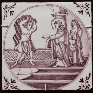 Antique Delft biblical tile Rotterdam 1750 The healing of the paralytic at Bethesda