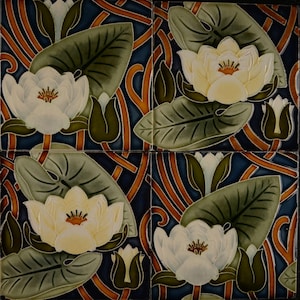 May include: Four square tiles featuring a repeating pattern of white water lilies, green lily pads, and brown stems against a dark blue backdrop. The water lilies have yellow centres and are in various stages of bloom. The tiles are arranged in a grid.