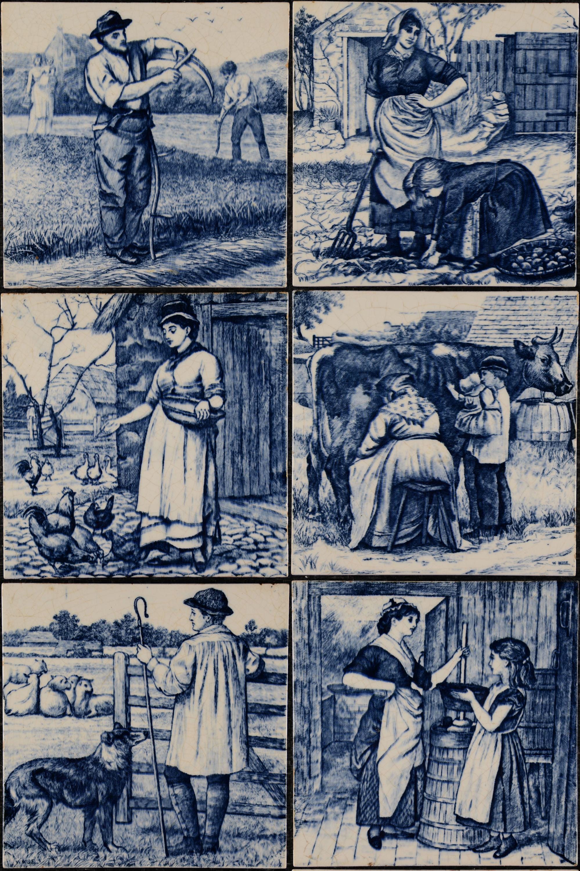 William Wise c1882 Village life Transfer printed Victorian tile 6 pieces available Minton China Works