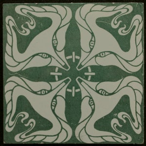 May include: Square tile featuring a repeating pattern of white swan-like figures on a green background. The design is symmetrical, with the figures arranged around a central point. The tile has a vintage, Art Nouveau aesthetic.