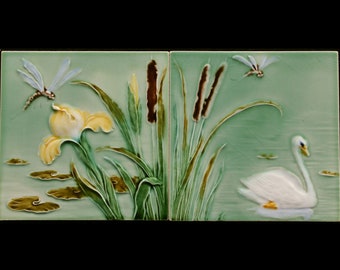 2 Meissen Art Nouveau tiles C1900 Swan and waterlily