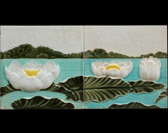 2 Art Nouveau tiles NstG Germany C1900 Water lily