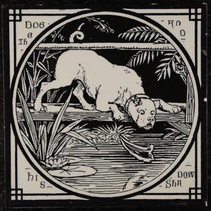 May include: Black and white illustration of a dog peering into water, framed by a circular border with text. The dog, in a collar, is on a wooden structure above the water, with a lily pad visible. The text reads "Dog a his Dow Sha".