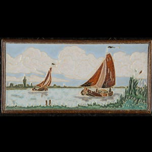 Dutch Porceleyne fles Delft Cloisonne tile landscape with ships
