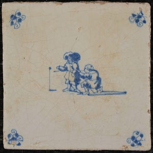 Antique Delft 17th-Century Tile with children playing  (c. 1640-1680)