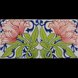 2 Tinglaze Dutch made Arts & Crafts tiles Peony Lewis f. Day