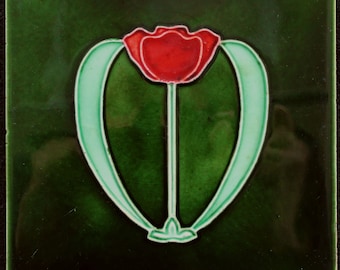 Original antique Art Nouveau tile C1905 Lea & Boulton England Red flower on dark green 6" square