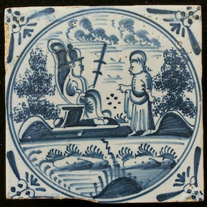Antique Delft biblical tile Christ silent before Herod C. 1800