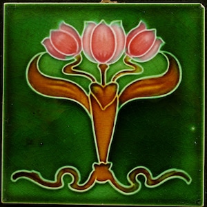 Original antique Art Nouveau tile england T&R Boote red flowers C1900