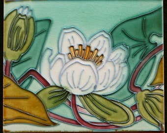 Original antique Gilliot Art Nouveau tile C 1905 waterlily