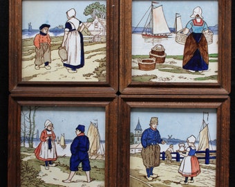 4 Villeroy & Boch Dresden tiles with dutch scenes C1900