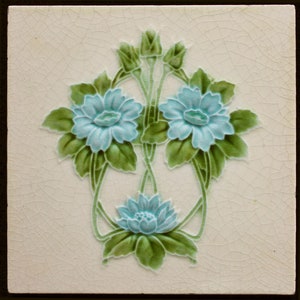 Original antique Art Nouveau tile C1905 Simpson & Co England blue flowers