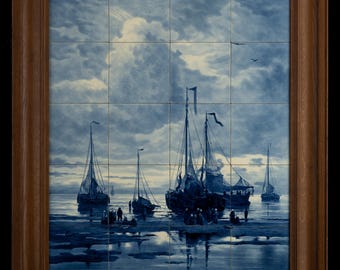 Delft, Porceleyne Fles Tegelpaneel naar een schilderij van Mesdag 20 tegels in originele houten lijst