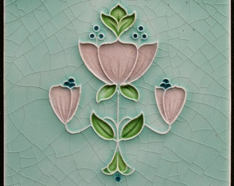 Originele antieke Art Nouveau tegel C1905 Corn Bros England Flowers