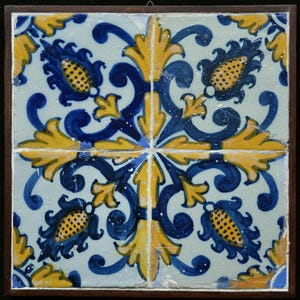 Set of Four 17th-Century Portuguese tiles Azulejos with Floral Motifs (c. 1670)