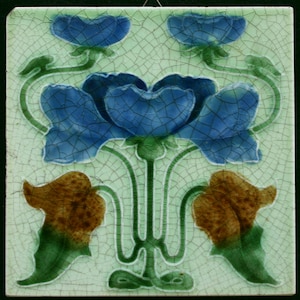 Original antique Art Nouveau tile england T&R Boote blue flowers